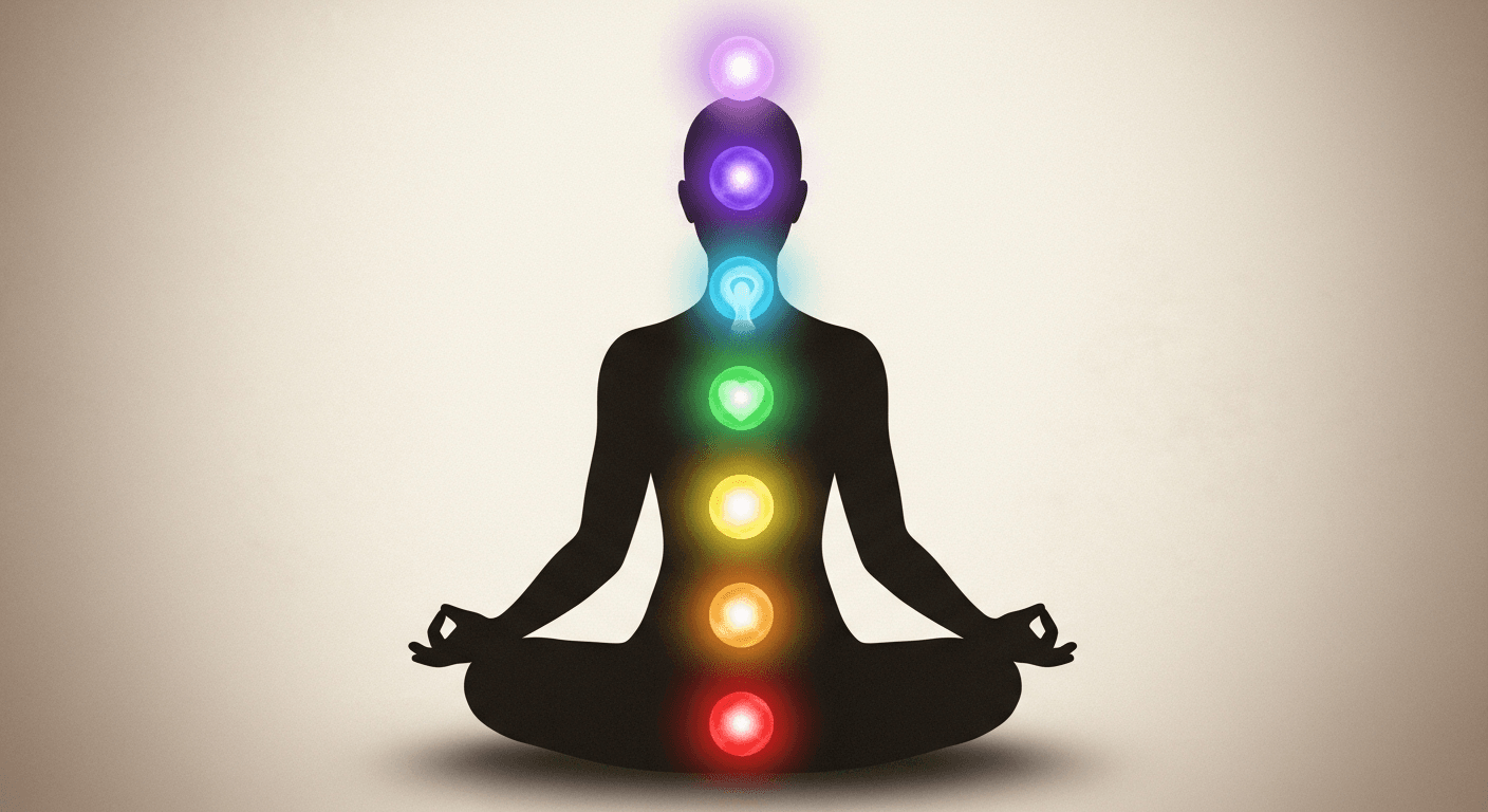 Silhouette en méditation avec les sept centres énergétiques illuminés