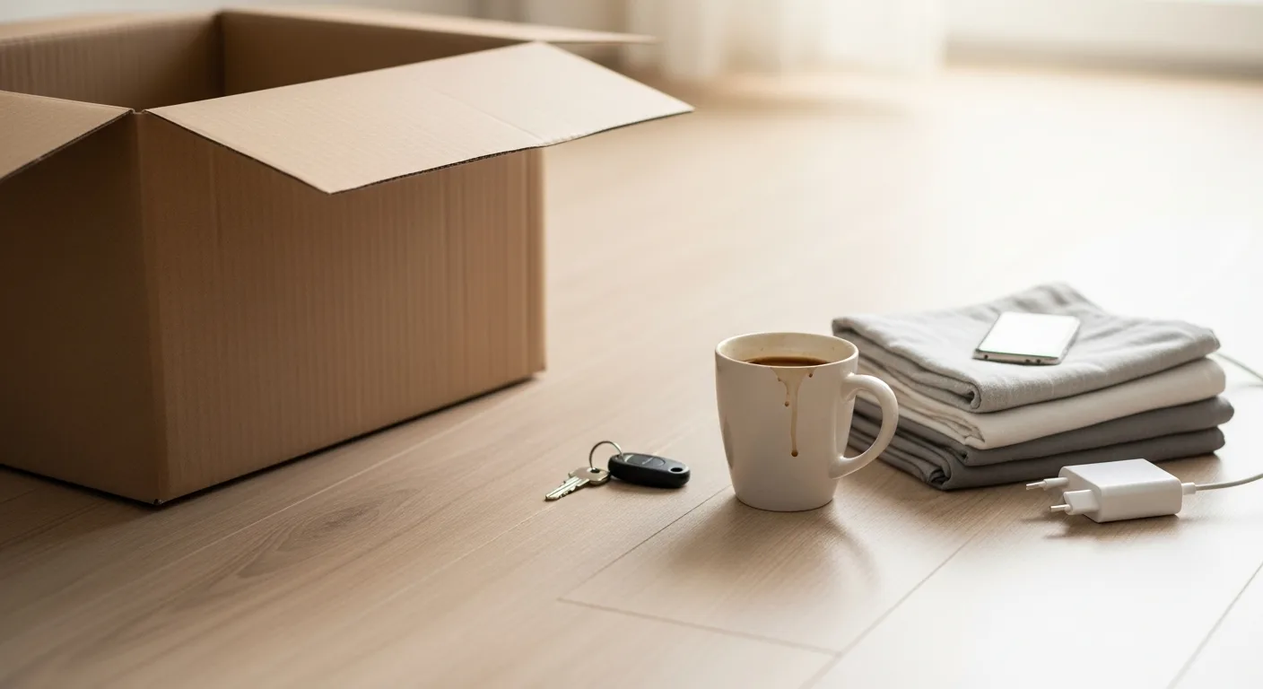 Carnet, tasse et clés posés près d'un carton de première semaine