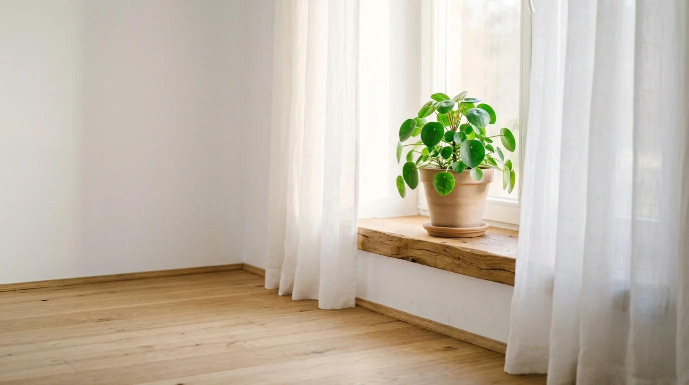 Pièce lumineuse et épurée avec plantes vertes et lumière naturelle douce