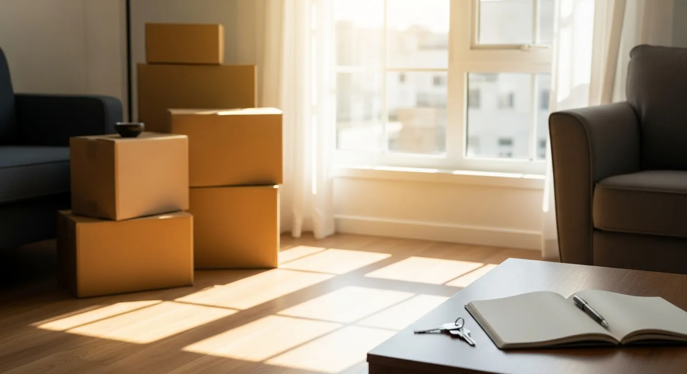 Cartons de déménagement dans un salon lumineux et apaisé