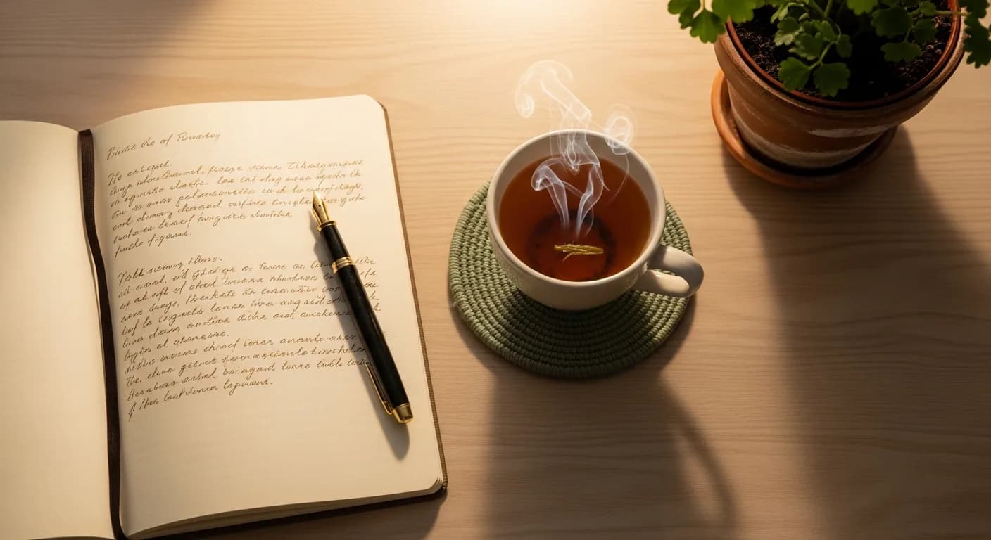 Carnet ouvert avec un stylo, tasse de thé et plante : ambiance journal de bord du soir
