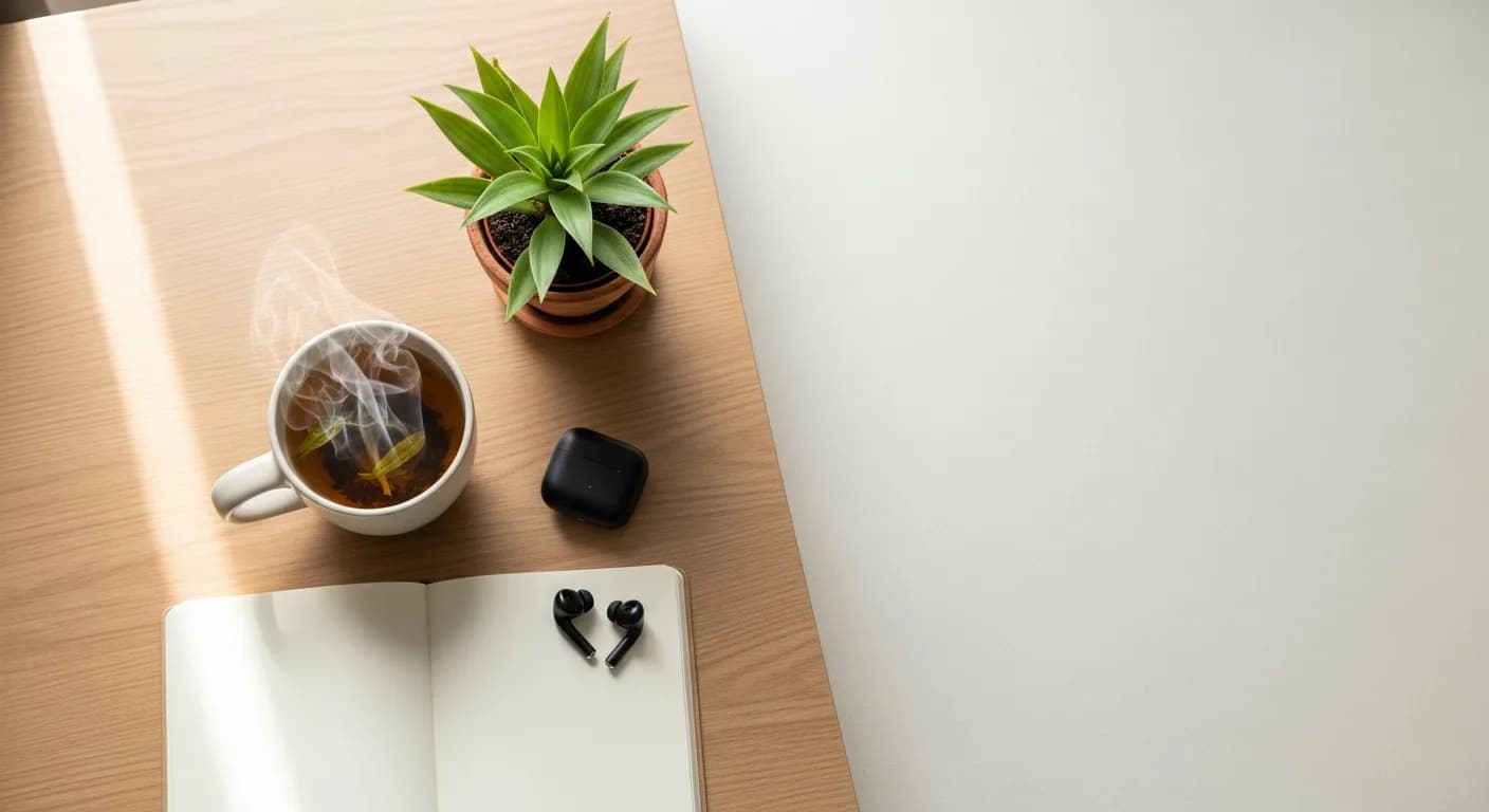 Petit setup discret sur un coin de bureau : tasse de thé, plante, carnet ouvert, casque audio