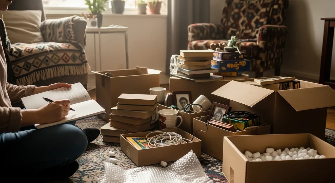 Personne assise au sol devant des cartons, carnet ouvert et lumière douce